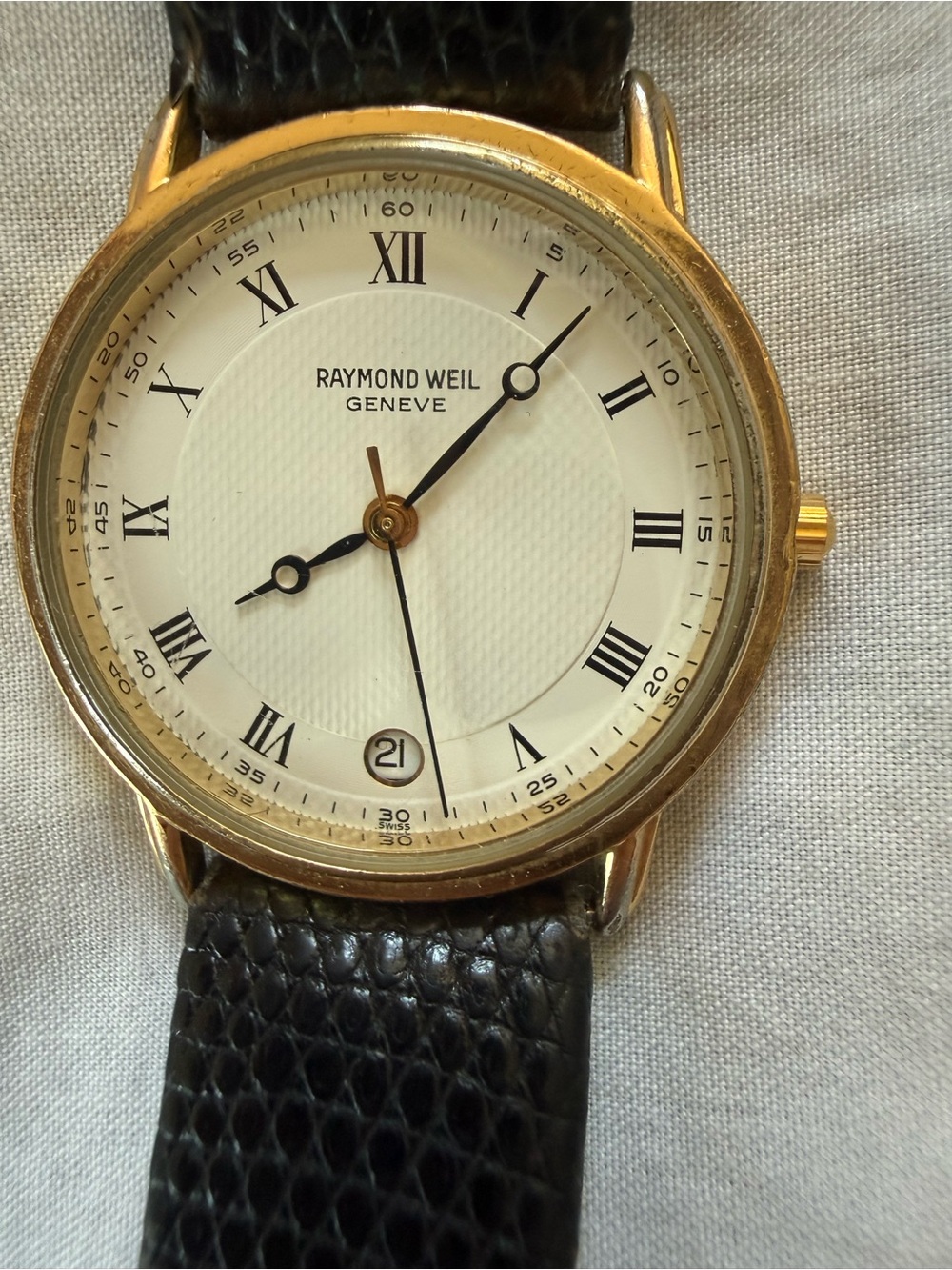 Raymond Weil Gold-Tone Case Watch with White Dial and Black Strap